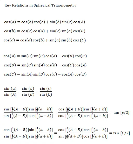 spherical trigonometry formulas